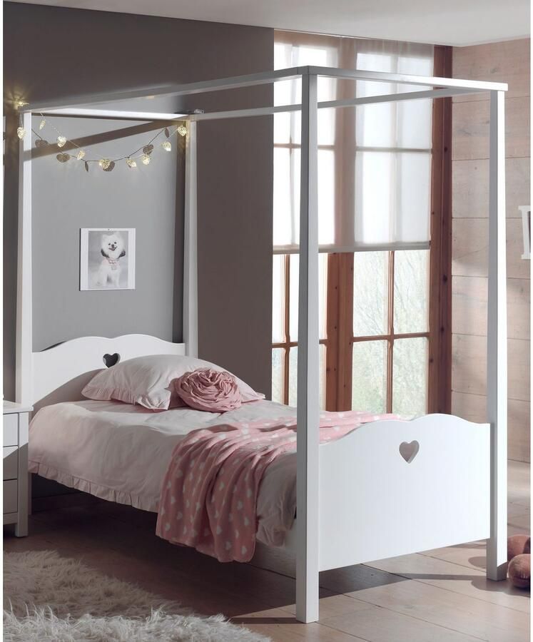 Vipack Hemelbed Amori ligoppervlak 90 200 cm incl. hemelstang zonder textielgordijn stabiel en stevig gebouwd wit gelakt - Foto 3