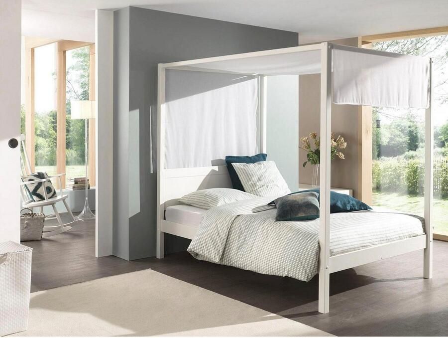 Vipack Hemelbed Pino massief dennenhout wit gelakt gemaakt in Europa tijdloos ontwerp - Foto 3