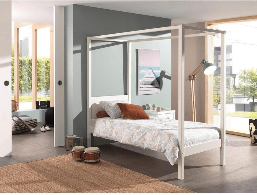 Vipack Hemelbed Pino massief dennenhout wit gelakt gemaakt in Europa tijdloos ontwerp - Foto 3