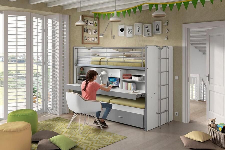 Vipack Hoogslaper Bonny met 3 slaapplaatsen super praktisch in de kinderkamer met groot schrijfblad planken veel functionaliteit op kleine ruimte - Foto 6
