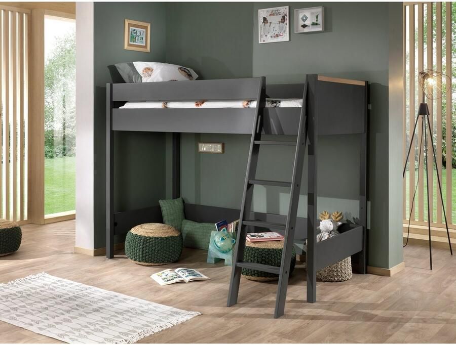 Vipack EMOB Hoogslaper London 90x200 antraciet Kinderbedden met uitvalbeveiliging Antraciet Melamine; Spaanplaat Kinderbedden met uitvalbeveiliging Eenpersoons Hoogslaper Op voorraad