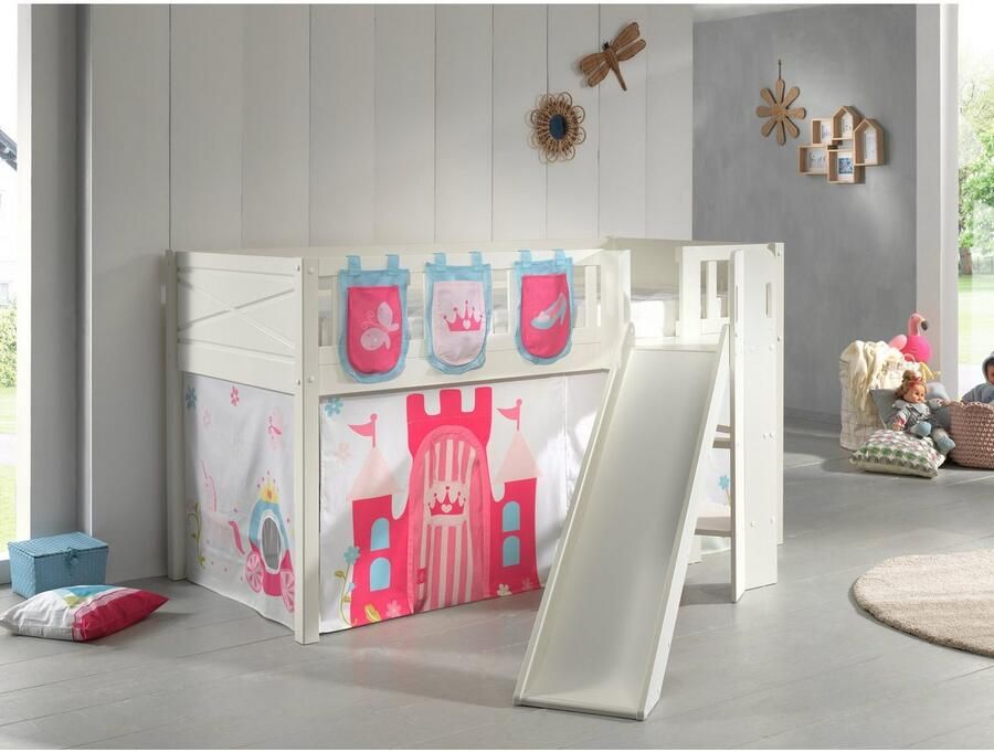 Vipack Hoogslaper Scott m. glijbaan ladder toren ligoppervlak 90 x 200 cm doek opbergvak 4 designs