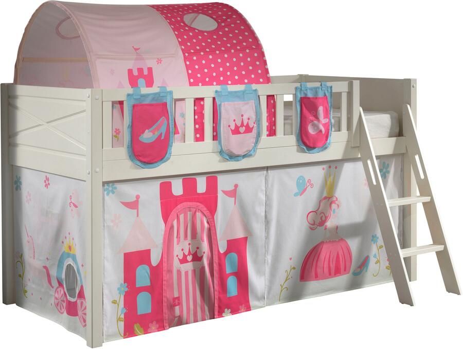 Vipack Halfhoogslaper Scottie 90x200cm Met prinses-speelgordijn 3 opbergzakjes en bedtunnel Wit - Foto 2