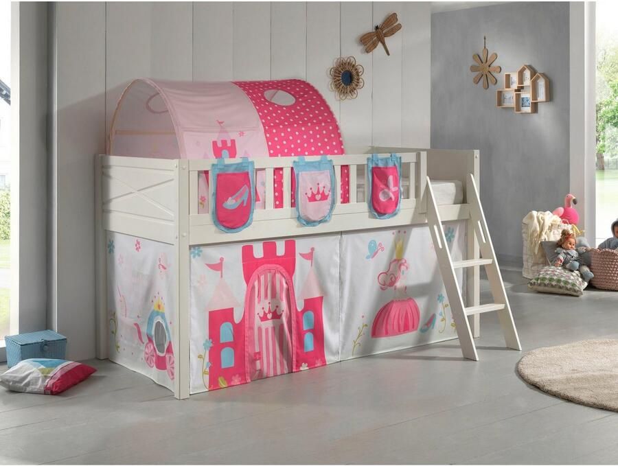 Vipack Halfhoogslaper Scottie 90x200cm Met prinses-speelgordijn 3 opbergzakjes en bedtunnel Wit