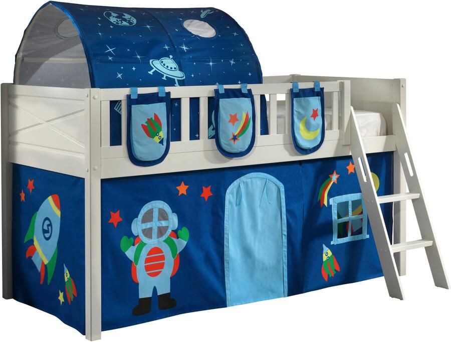 Vipack Halfhoogslaper Scottie 90x200cm Met astronauten-speelgordijn 3 opbergzakjes en bedtunnel Wit - Foto 4