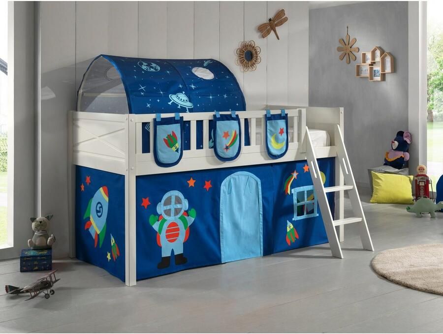 Vipack Halfhoogslaper Scottie 90x200cm Met astronauten-speelgordijn 3 opbergzakjes en bedtunnel Wit - Foto 3