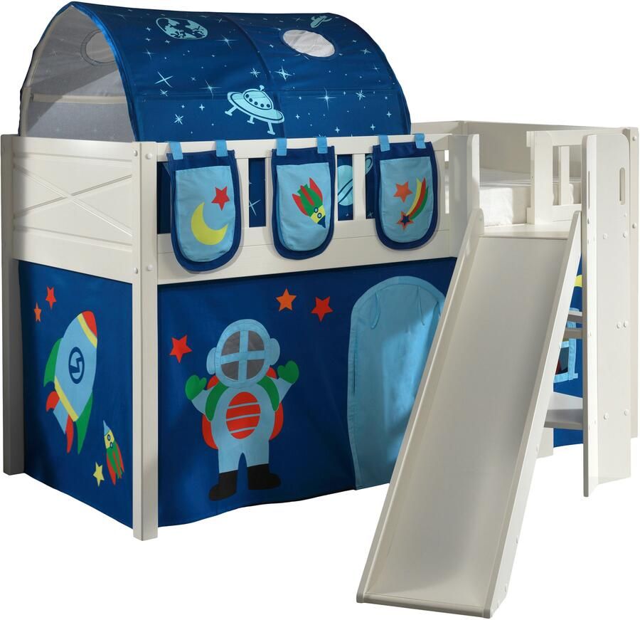 Vipack Halfhoogslaper Scottie 90x200cm Met glijbaan astronauten-speelgordijn 3 opbergzakjes en bedtunnel Wit - Foto 2