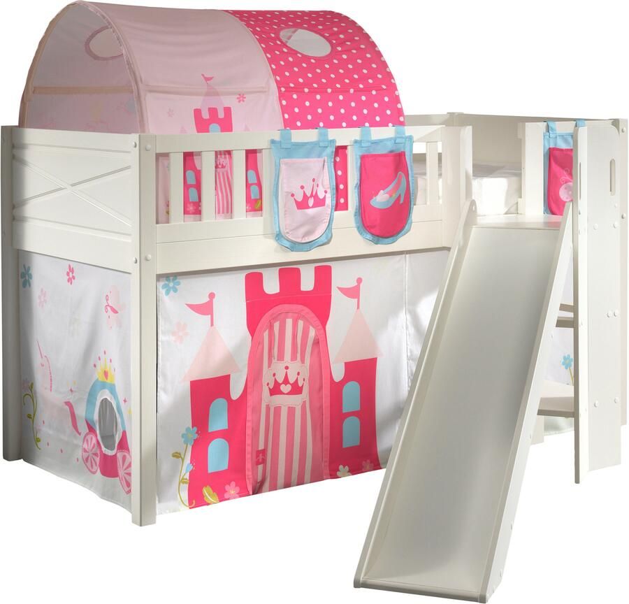 Vipack Halfhoogslaper Scottie 90x200cm Met glijbaan prinses-speelgordijn 3 opbergzakjes en bedtunnel Wit - Foto 2