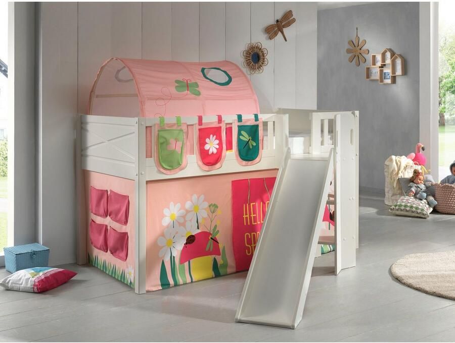 Vipack Halfhoogslaper Scottie 90x200cm Met glijbaan lente-speelgordijn 3 opbergzakjes en bedtunnel Wit