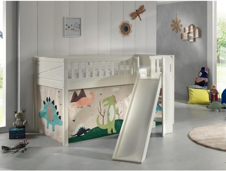 Vipack Hoogslaper Scott speelbed massief dennenhout wit gelakt met lattenbodem met glij- laddertoren lf 90x200 cm inclusief gordijn 7 ontwerpen - Foto 3