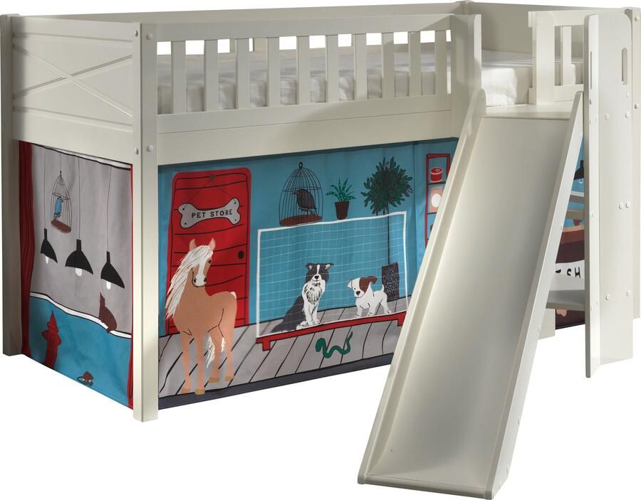 Vipack Hoogslaper Scott speelbed massief dennenhout wit gelakt met lattenbodem met glij- laddertoren lf 90x200 cm inclusief gordijn 7 ontwerpen - Foto 4