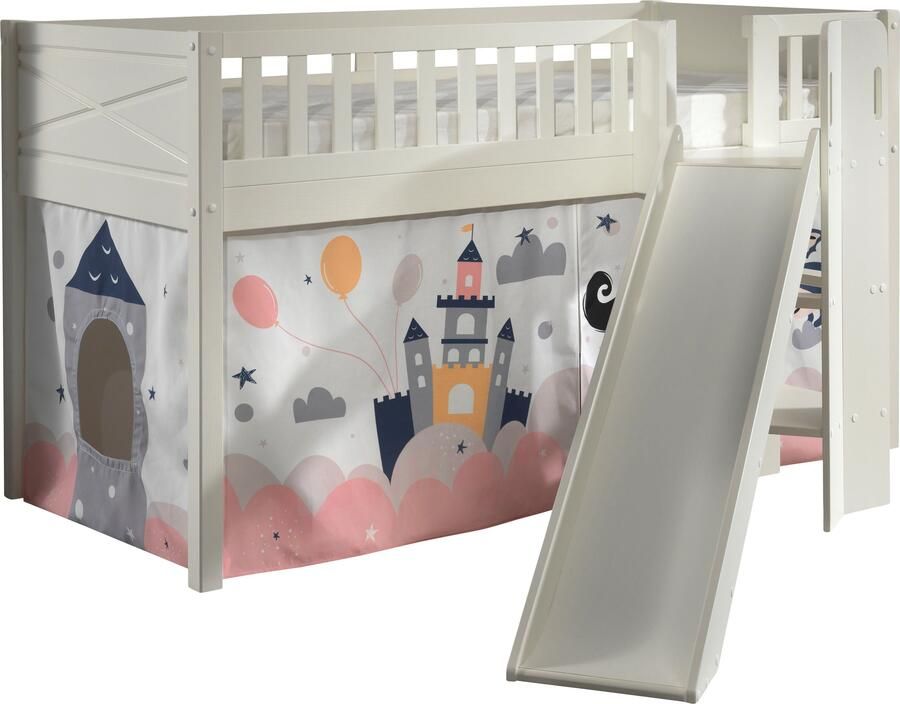 Vipack Hoogslaper Scott speelbed massief dennenhout wit gelakt met lattenbodem met glij- laddertoren lf 90x200 cm inclusief gordijn 7 ontwerpen - Foto 3