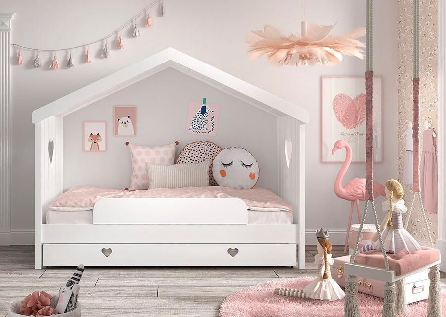 Vipack Huisbed Amori incl. dak achterzijde open met lattenbodem keuze met of zonder lade en valbeveiliging wit gelakt - Foto 5