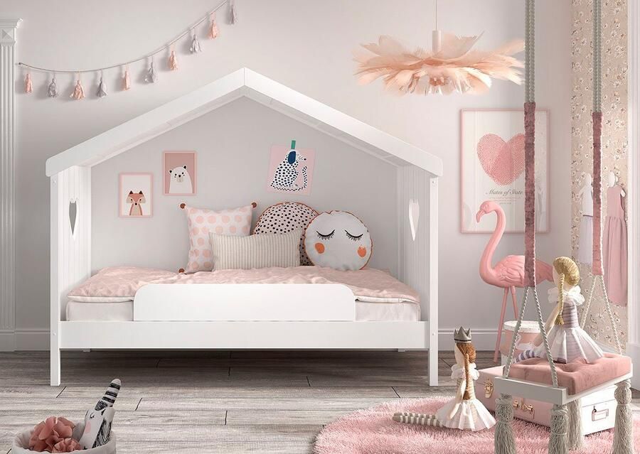 Vipack Huisbed Amori incl. dak achterzijde open met lattenbodem keuze met of zonder lade en valbeveiliging wit gelakt - Foto 6