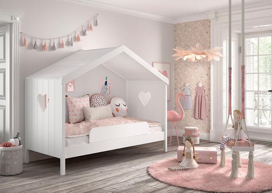 Vipack Huisbed Amori incl. dak achterzijde open met lattenbodem keuze met of zonder lade en valbeveiliging wit gelakt - Foto 2