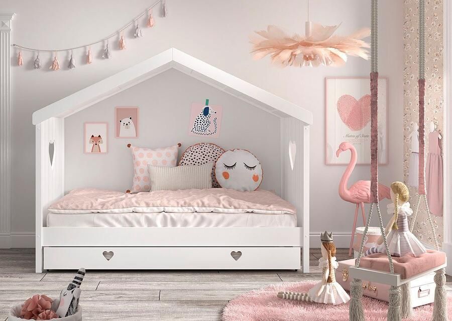 Vipack Huisbed Amori incl. dak achterzijde open met lattenbodem keuze met of zonder lade en valbeveiliging wit gelakt - Foto 5