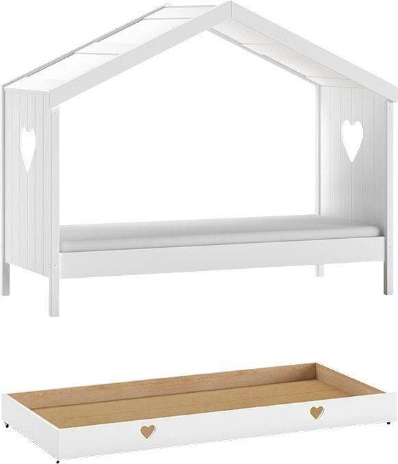 Vipack Huisbed Amori incl. dak achterzijde open met lattenbodem keuze met of zonder lade en valbeveiliging wit gelakt - Foto 4