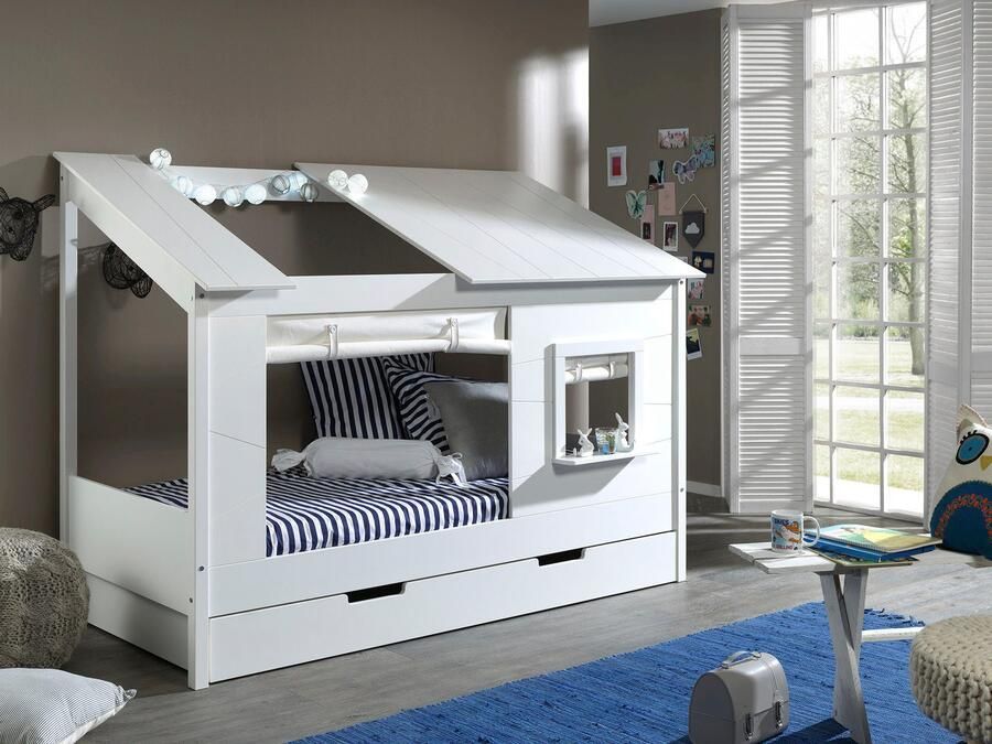 Vipack Deze Housebed-combinatie bevat een huisbed 26 dak en een gordijn hb902614 en een bedlade voor het huisbed