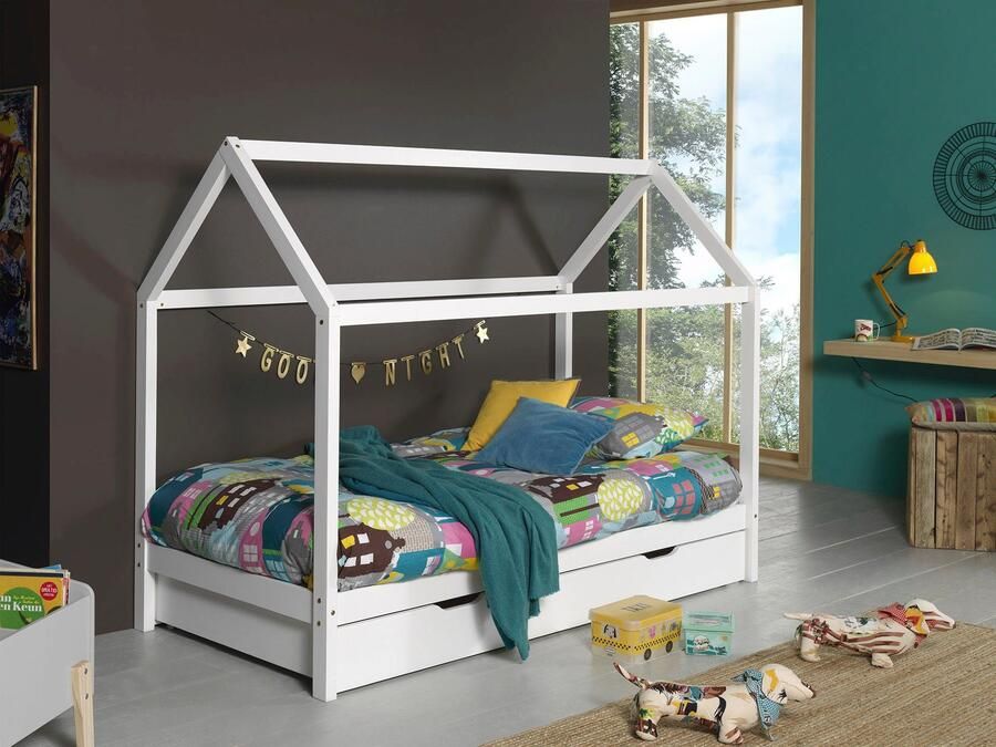 Vipack Kinderbed Dallas 90x200cm Kajuitbed Bed met Dak en Slaaplade Peuterbed met Logeerbed Ledikant Bedframe Wit - Foto 3