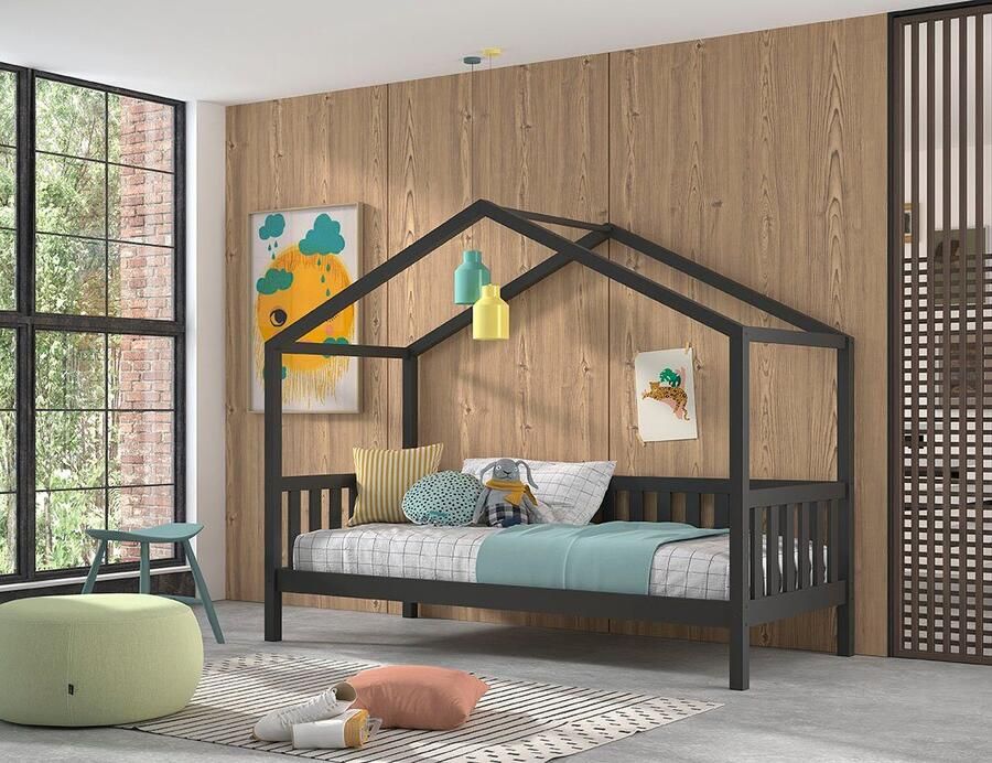 Vipack Kinderbed Dallas 90x200cm Sofabed als Huis Bed met Dak Peuterbed Ledikant Kajuitbed Antraciet - Foto 2