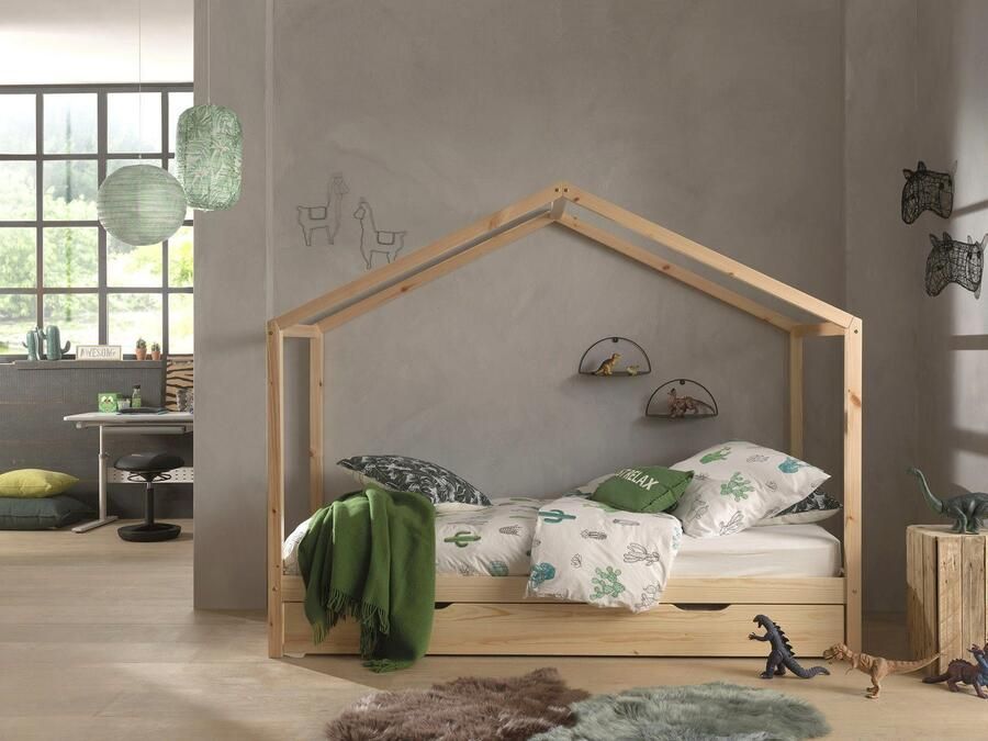 Vipack Kinderbed Dallas 90x200cm Bed als Huis met Slaaplade Bedframe met Dak Peuterbed met Logeerbed Ledikant Hout - Foto 2
