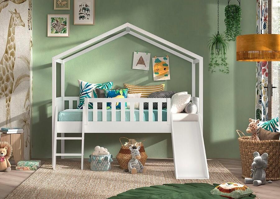 Vipack Kinderbed met Glijbaan Dallas 90x200cm Halfhoogslaper Kajuitbed Bed als Huis Peuterbed Ledikant Bedframe Wit - Foto 3
