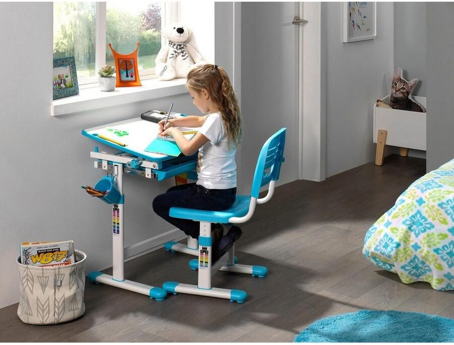 Vipack Kinderbureau Comfortline met hoogteverstelling incl. tas- en bekerhouder incl. stoel en verstelbaar schrijfoppervlak praktische functies (set) - Foto 4