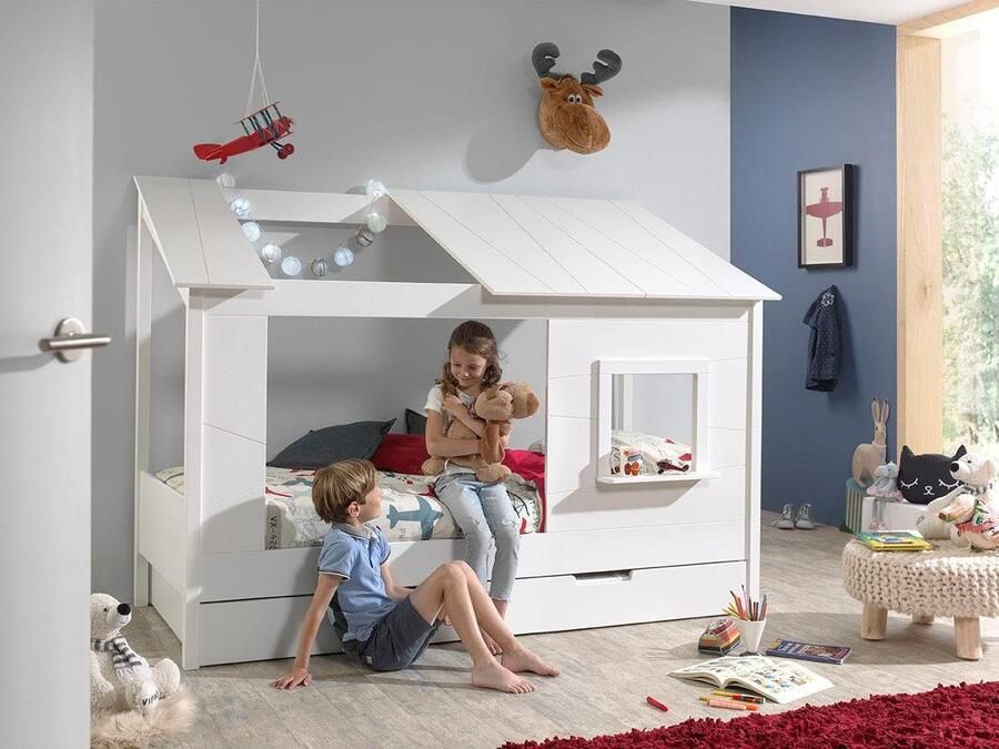 Vipack Kinderledikant Huisbed van MDF en massief hout wit gelakt incl. venster aan de voorkant - Foto 3