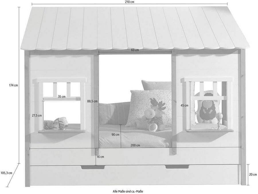 Vipack Kinderledikant Huisbed van MDF en massief hout wit gelakt met kleuraccent incl. rollattenbodem keuze uit met of zonder bedlade op wielen - Foto 2