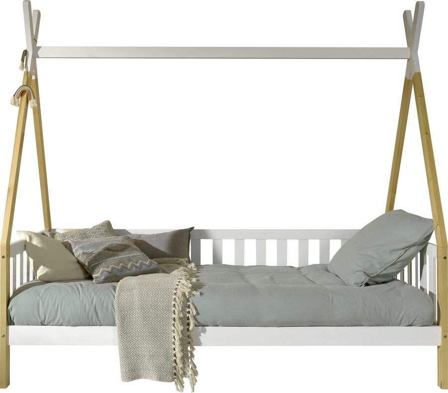 Vipack EMOB Tipibed 90 x 200cm met hekje massief hout dennenhout wit Houten kinderbedden Wit; Bruin Hout Houten kinderbedden Eenpersoons Normaal bed Op voorraad