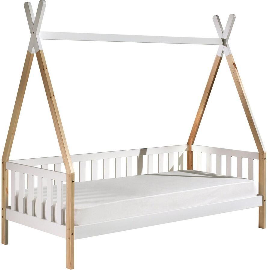 Vipack EMOB Tipibed 90 x 200cm met hekje massief hout dennenhout wit Houten kinderbedden Wit; Bruin Hout Houten kinderbedden Eenpersoons Normaal bed Op voorraad
