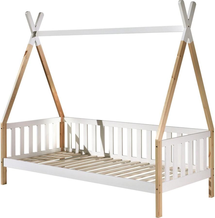 Vipack EMOB Tipibed 90 x 200cm met hekje massief hout dennenhout wit Houten kinderbedden Wit; Bruin Hout Houten kinderbedden Eenpersoons Normaal bed Op voorraad - Foto 2