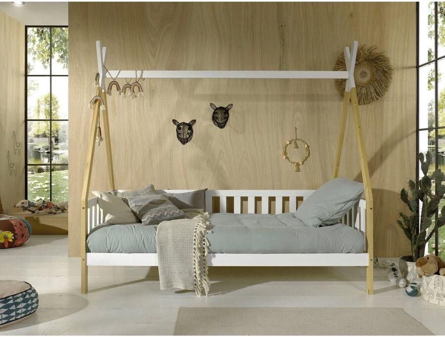 Vipack EMOB Tipibed 90 x 200cm met hekje massief hout dennenhout wit Houten kinderbedden Wit; Bruin Hout Houten kinderbedden Eenpersoons Normaal bed Op voorraad - Foto 5