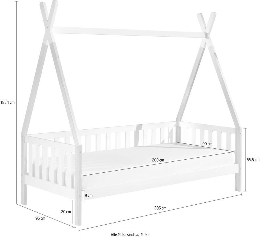 Vipack EMOB Tipibed 90 x 200cm met hekje massief hout dennenhout wit Houten kinderbedden Wit; Bruin Hout Houten kinderbedden Eenpersoons Normaal bed Op voorraad - Foto 3