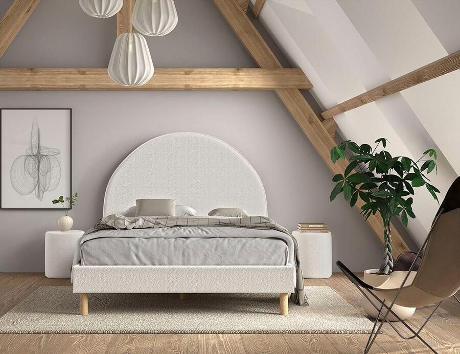 Vipack Slaapkamerserie Moon bestaat uit gestoffeerd bed 140 200 en 2 hockers nachtkastjes incl. lattenbodem bekleding zachte bouclé stof keuze uit 4 kleuren