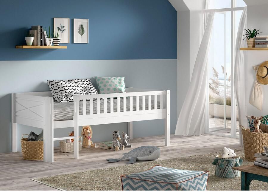 Vipack EMOB Halfhoogslaper Scottie 90x200cm wit dennenhout Kinderbedden met uitvalbeveiliging Wit Hout Kinderbedden met uitvalbeveiliging Eenpersoons Halfhoogslaper Op voorraad - Foto 2