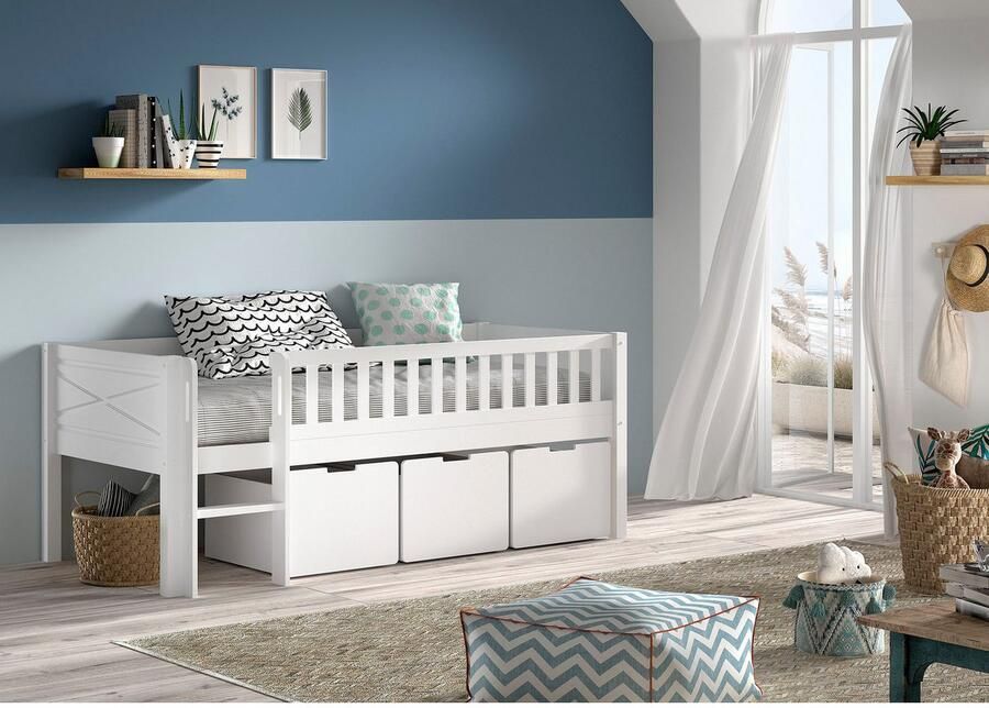 Vipack EMOB Halfhoogslaper Scottie 90x200cm met opberglades wit dennenhout Kinderbedden met uitvalbeveiliging Wit Hout; MDF Kinderbedden met uitvalbeveiliging Eenpersoons Halfhoogslaper Op voorraad - Foto 4