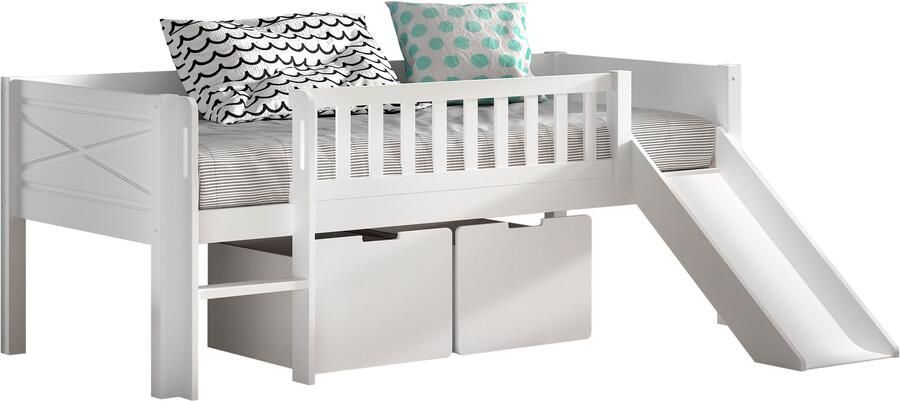 Vipack EMOB Halfhoogslaper Scottie 90x200cm met glijbaan en opberglades wit dennenhout Kinderbedden met uitvalbeveiliging Wit Hout; MDF Kinderbedden met uitvalbeveiliging Eenpersoons Halfhoogslaper Op voorraad - Foto 3