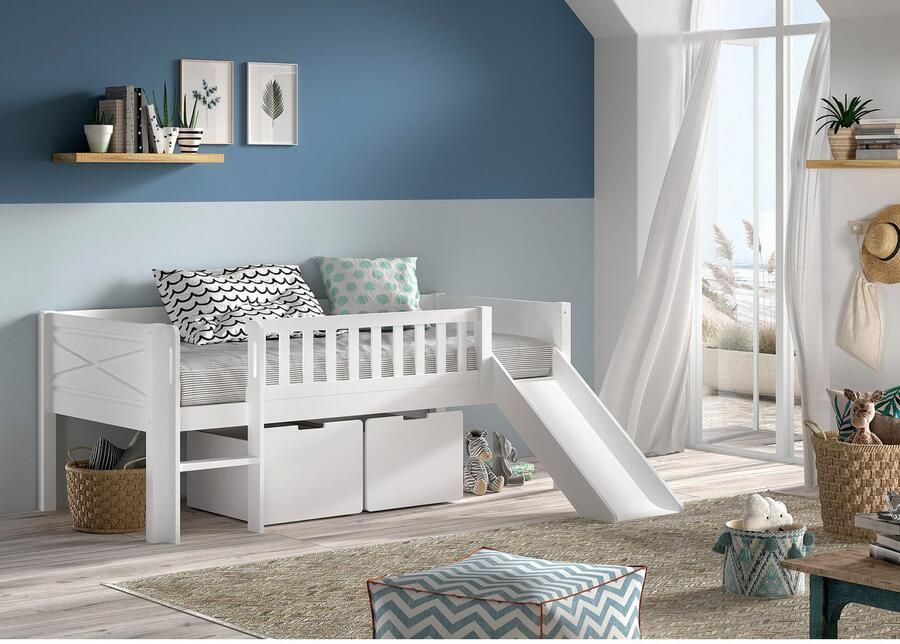 Vipack EMOB Halfhoogslaper Scottie 90x200cm met glijbaan en opberglades wit dennenhout Kinderbedden met uitvalbeveiliging Wit Hout; MDF Kinderbedden met uitvalbeveiliging Eenpersoons Halfhoogslaper Op voorraad - Foto 2