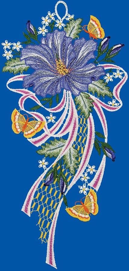 W. Reuter & Sohn Plauener Spitze Raamdecoratie "hibiscusbloesem" in kleur