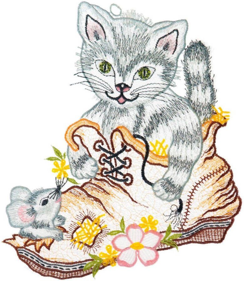 W. Reuter & Sohn Plauener Spitze Raamdecoratie "kat in de schoen" in kleur - Foto 2
