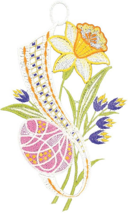 W. Reuter & Sohn Plauener Spitze Raamdecoratie "narcis en ei" in kleur - Foto 2