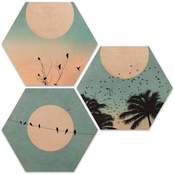 Wall-Art Artprint op hout Hexagon artprint op hout zonsopkomst (set 3 stuks) - Foto 5
