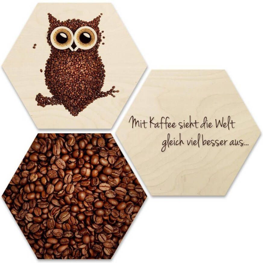 Wall-Art Meerdelige artprint Collage koffie uil houten deco (set 3-delig) - Foto 1