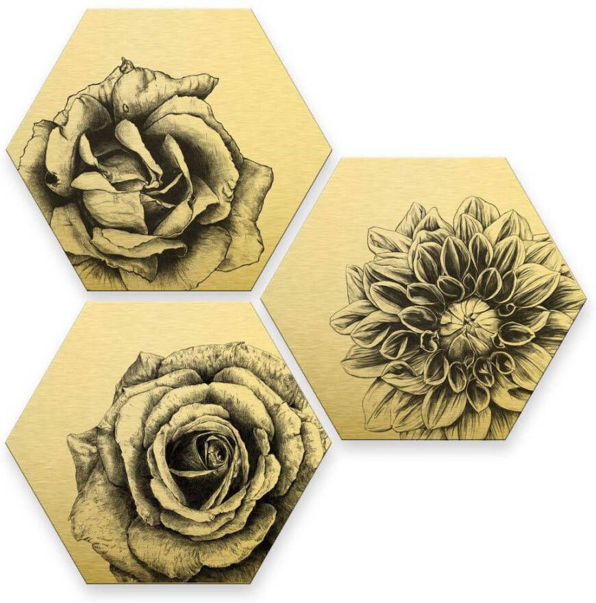 Wall-Art Meerdelige artprint Gebloemde bloemen set goudeffect (set 3-delig)