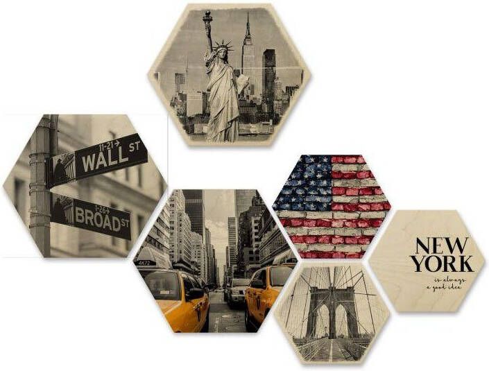 Wall-Art Meerdelige artprint New York collage stad houten decoratie (set 6-delig) - Foto 5