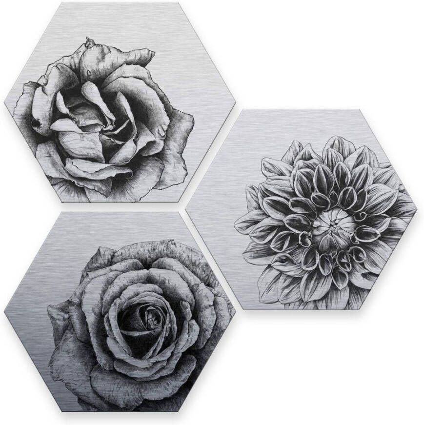 Wall-Art Meerdelige artprint Zilvereffect bloemen set (set 3-delig) - Foto 1