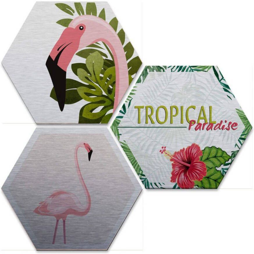 Wall-Art Meerdelige artprint Zilvereffect flamingo set (set 3-delig) - Foto 1