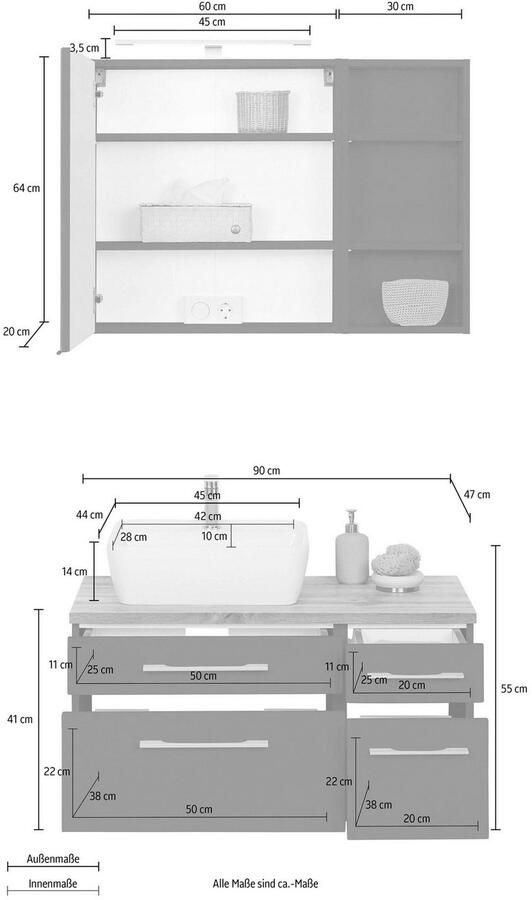 Welltime Badkamerserie Davos Breedte 50 cm met hoekige wasbak (3-delig) - Foto 2