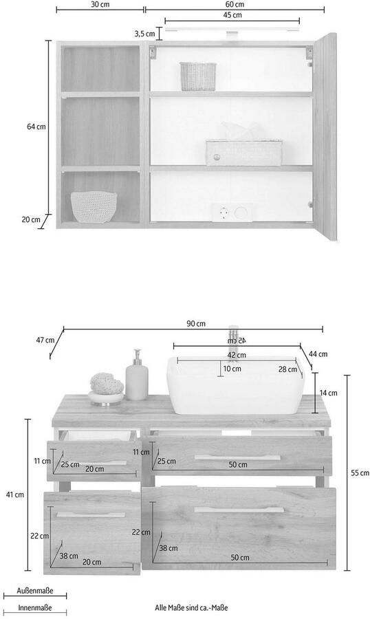 Welltime Badkamerserie Davos Breedte 50 cm met hoekige wasbak (3-delig) - Foto 2